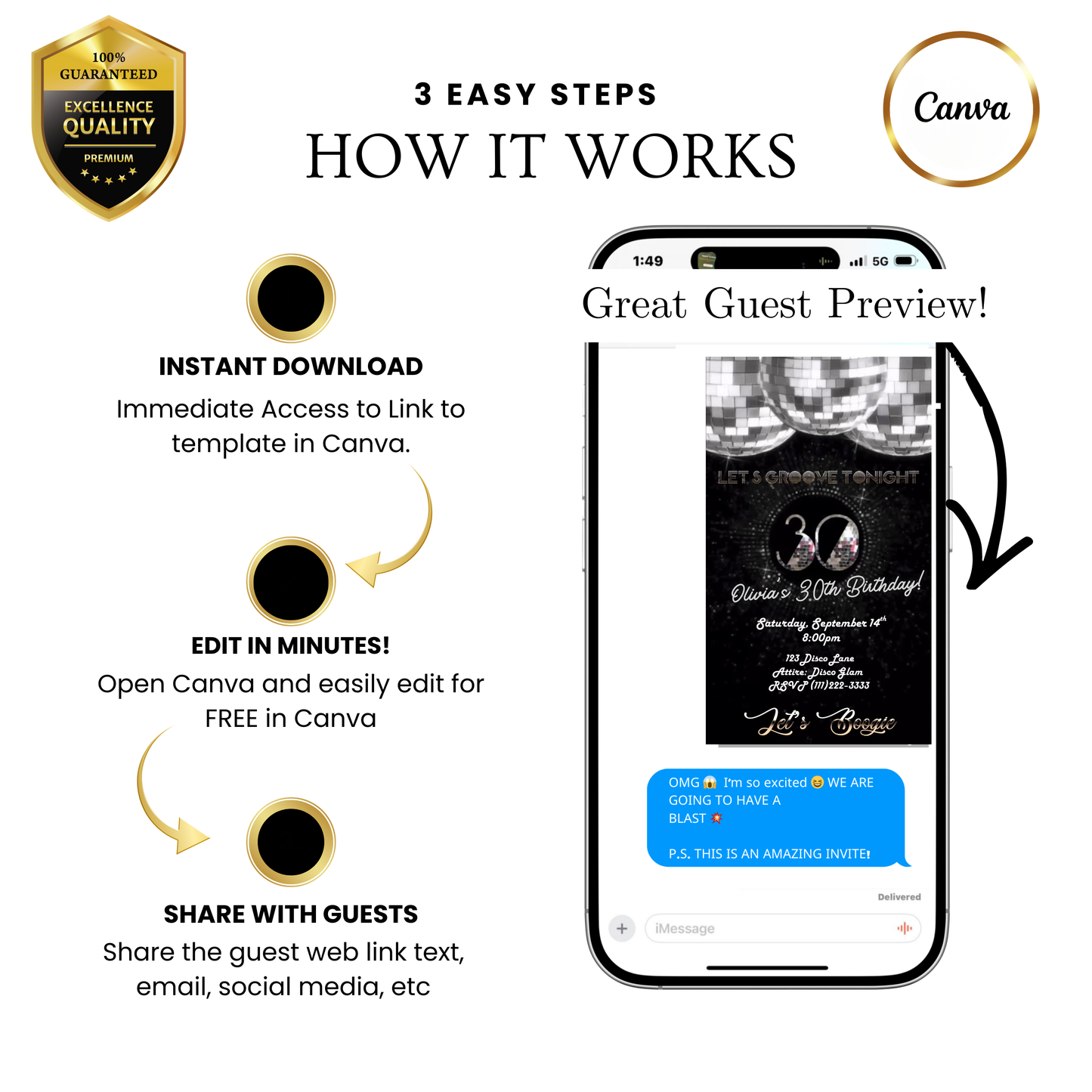 Editable silver disco 30th birthday video invitation displayed on a mobile phone, featuring an animated vertical digital invite with music, created in Canva. This premium video invitation template is designed for sharing by text, email, and social media and works with an interactive RSVP website for easy guest response tracking.