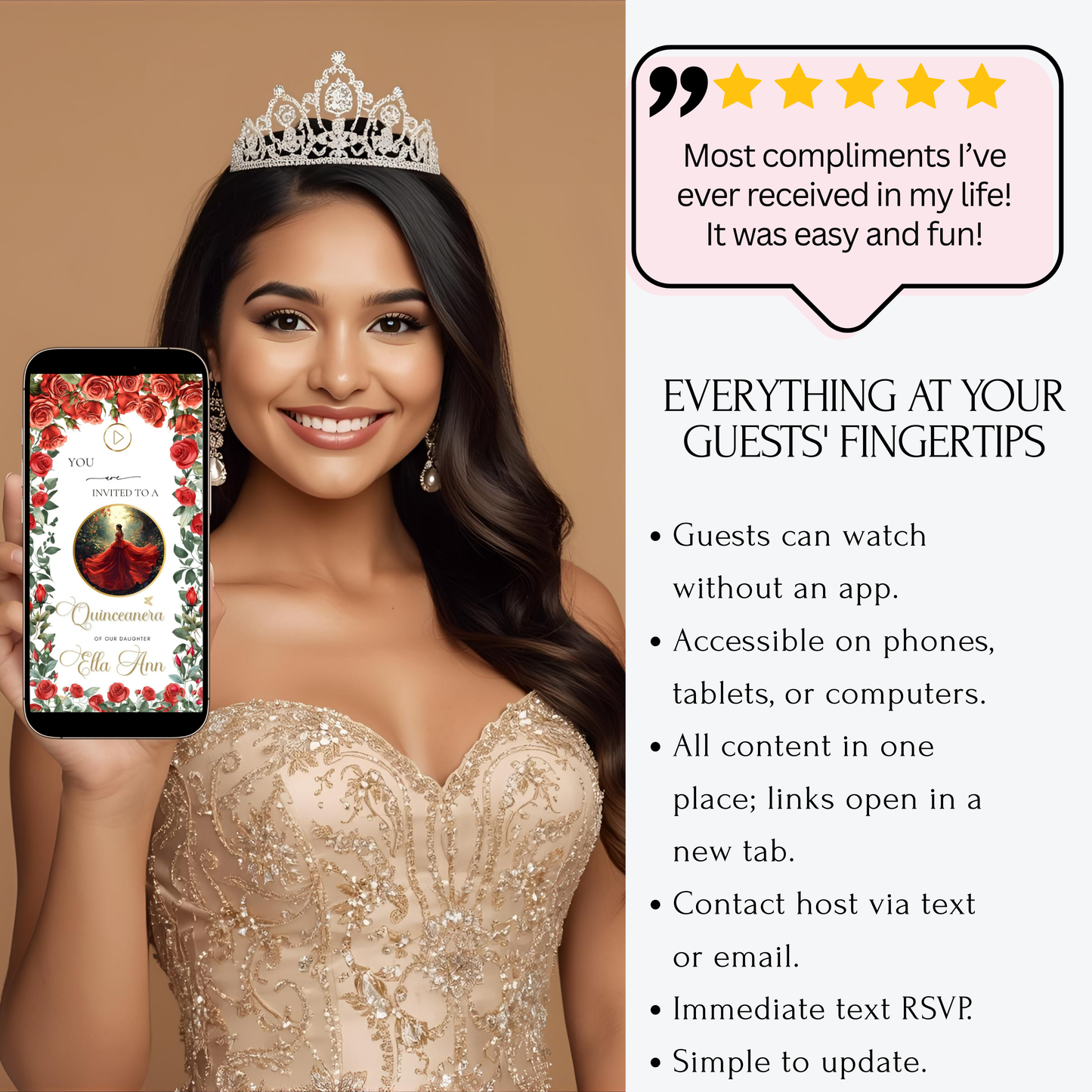 Einladung zur Quinceañera mit roten Rosen | Einladung zur Sweet 15/16 mit RSVP-Tracking | Canva-Vorlage