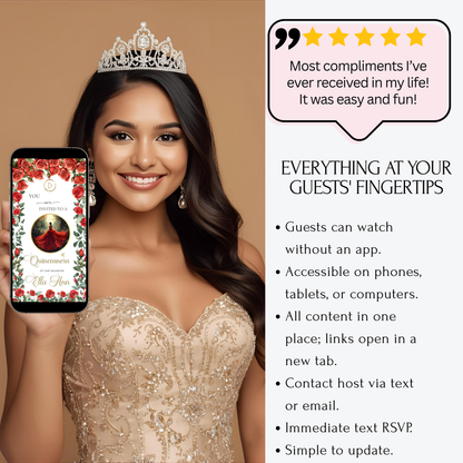 Einladung zur Quinceañera mit roten Rosen | Einladung zur Sweet 15/16 mit RSVP-Tracking | Canva-Vorlage