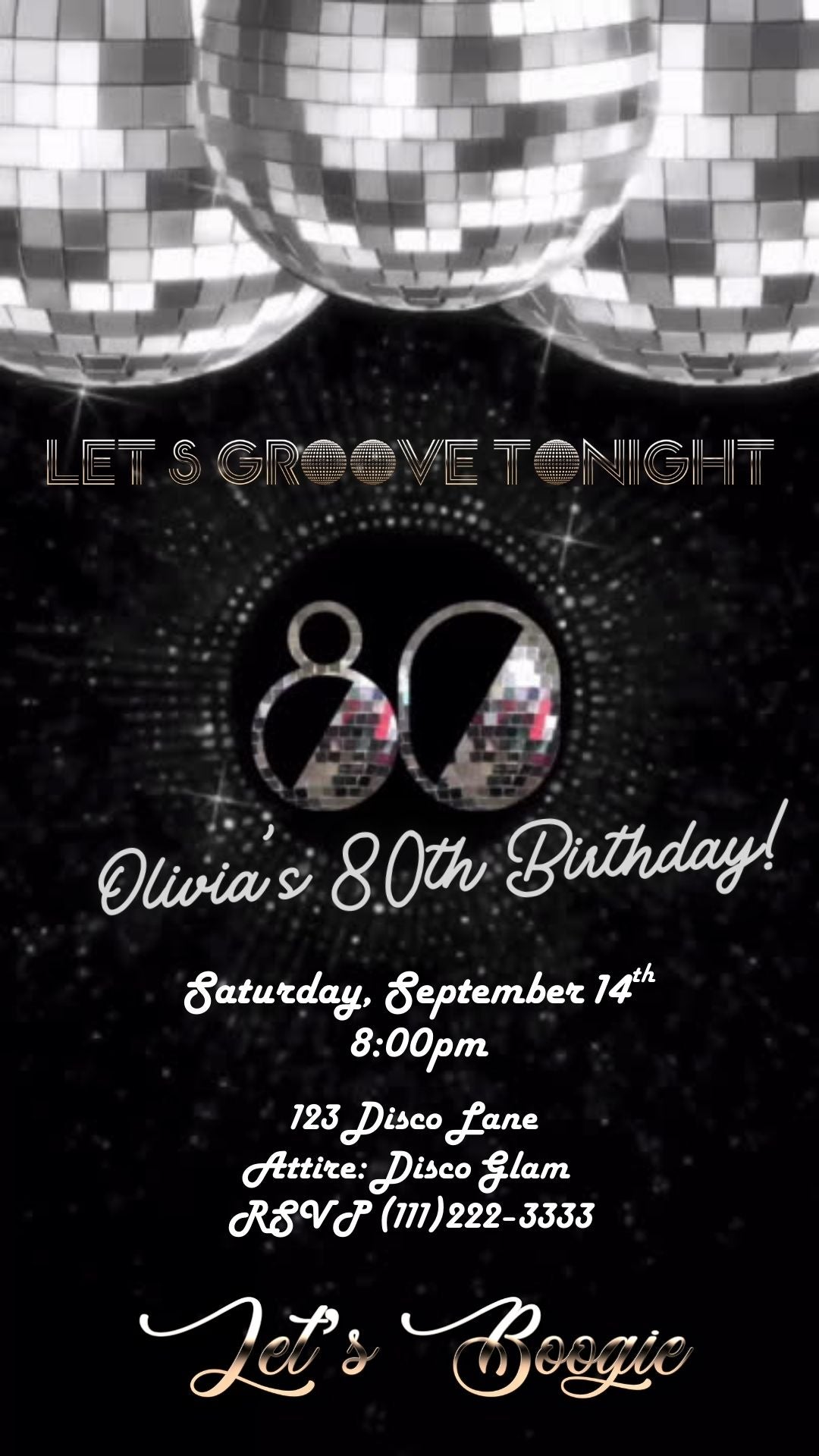 Editable silver disco 80th birthday video invitation displayed on a mobile phone, featuring an animated vertical digital invite with music, created in Canva. This premium video invitation template is designed for sharing by text, email, and social media and works with an interactive RSVP website for easy guest response tracking.