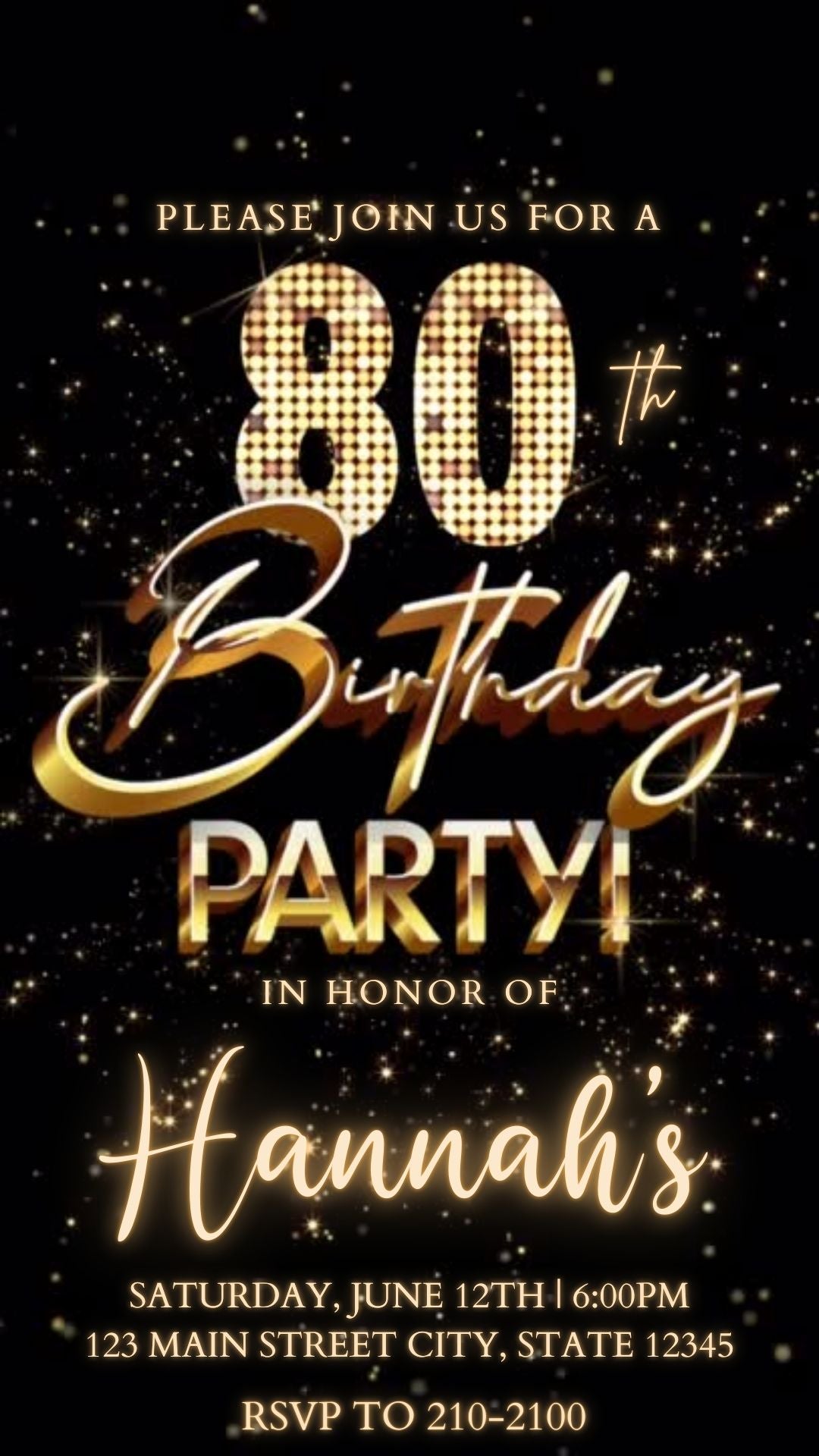 Editable gold fireworks 80th birthday video invitation displayed on a mobile phone, featuring an animated vertical digital invite with music, created in Canva. This premium video invitation template is designed for sharing by text, email, and social media and works with an interactive RSVP website for easy guest response tracking.