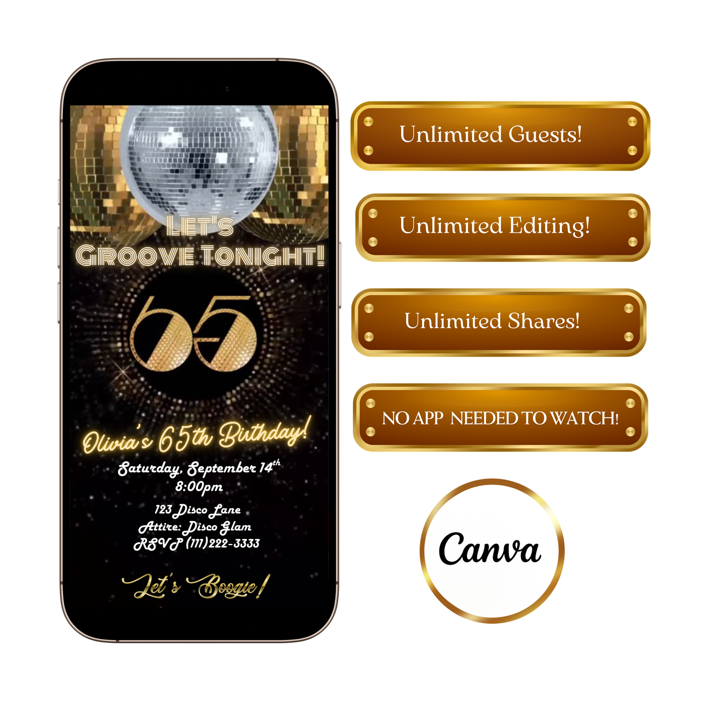 Studio 54 Video Invitation | Animated 65th Birthday Digital Evite | Editable Canva Invite Template