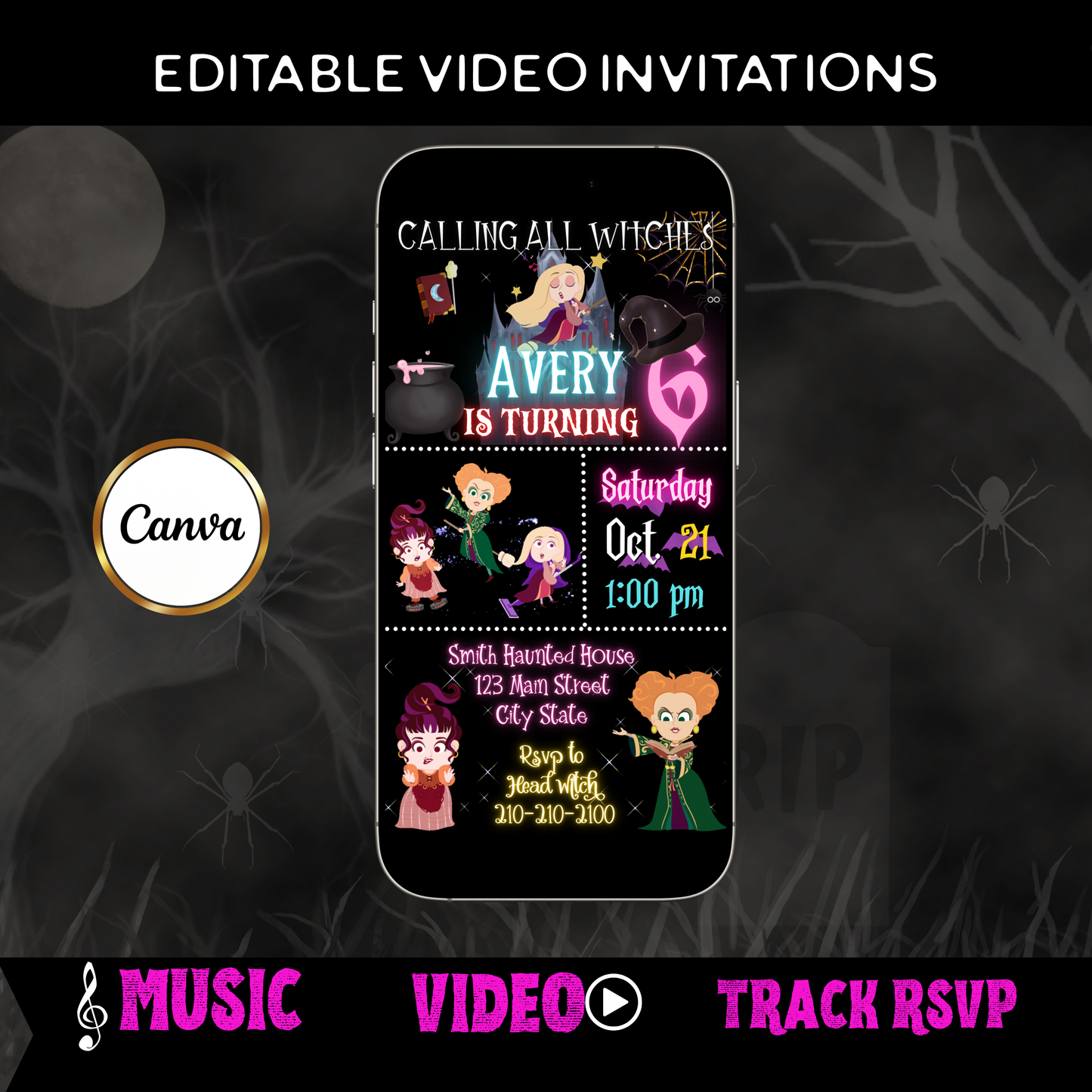 Halloween Video Invitation | Hocus Pocus Animated Halloween Digital Evite | Editable Canva Invite Template