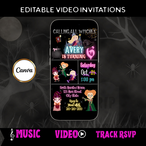 Halloween Video Invitation | Hocus Pocus Animated Halloween Digital Evite | Editable Canva Invite Template