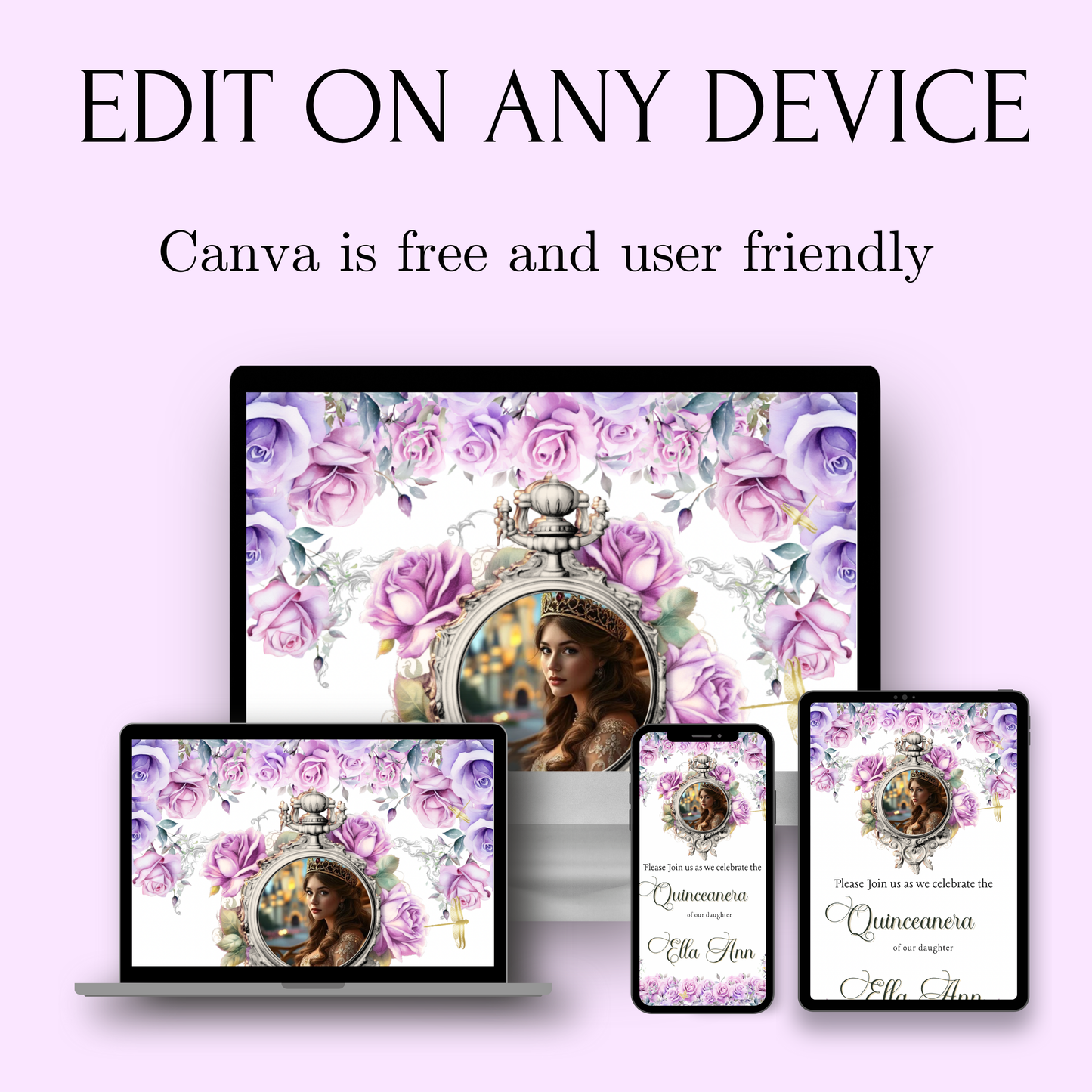 Lilac Quinceanera Video Invite | Animated Sweet 15 Quince Invite | Editable Canva Evite Template