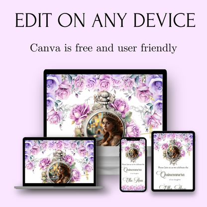 Lilac Quinceanera Video Invite | Animated Sweet 15 Quince Invite | Editable Canva Evite Template