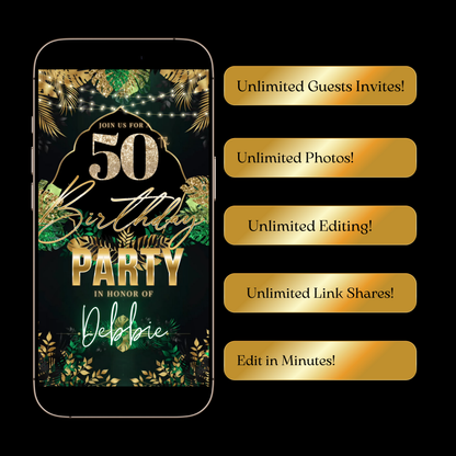 50th Birthday Video Invitation | Digital 50th Safari Leopard Glam Birthday Invite | Editable Canva Party Template