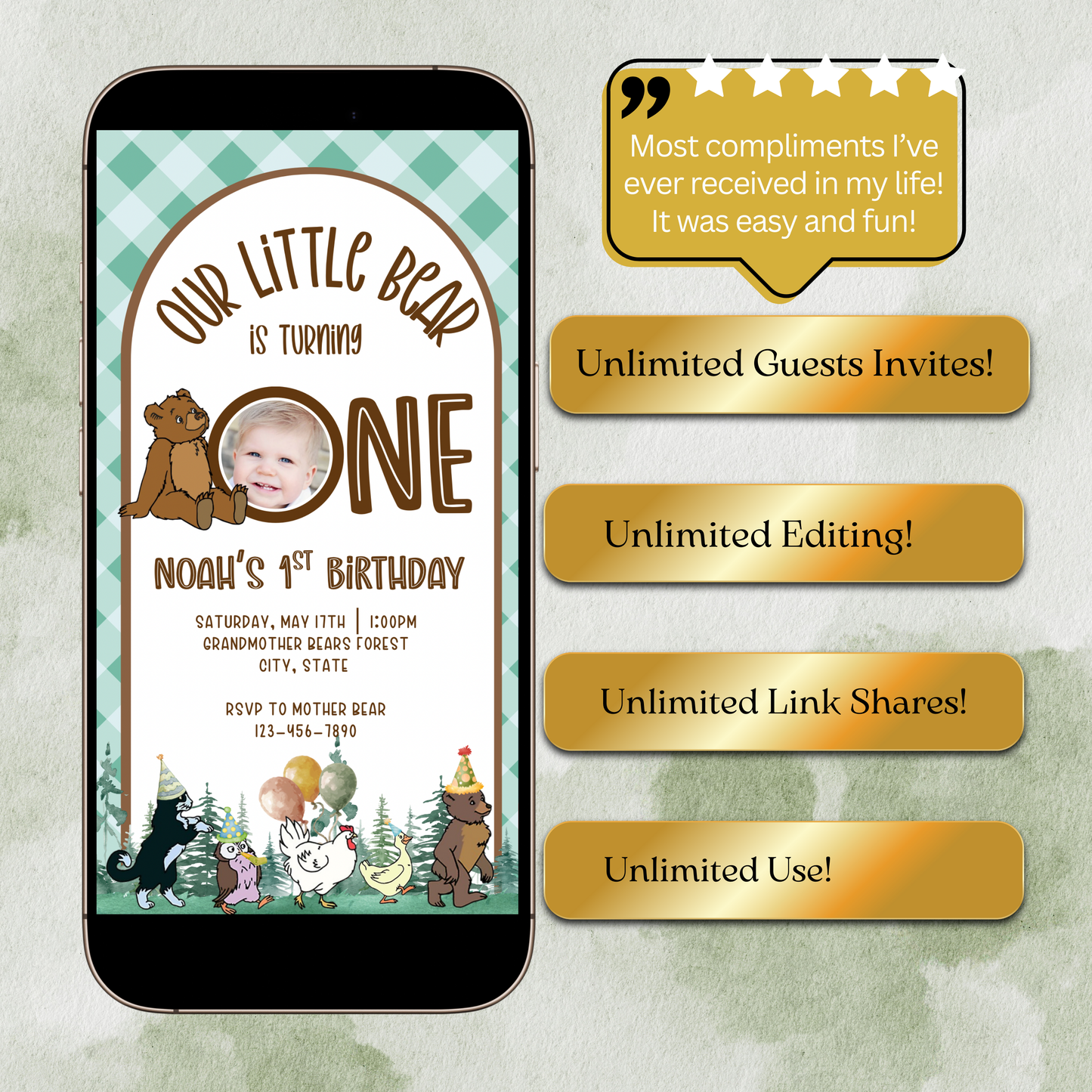 Little Bear Video Invitation, Teddy Bear Baby Shower Invite, First Birthday Bear Party Animated Invite, Editable Mobile Evite with Music & RSVP