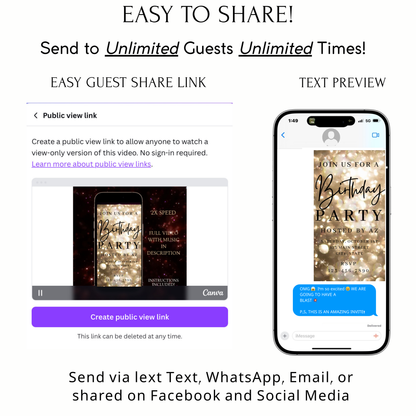 Gold Video Invitation | Animated Birthday Digital Evite | Editable Canva Invite Template