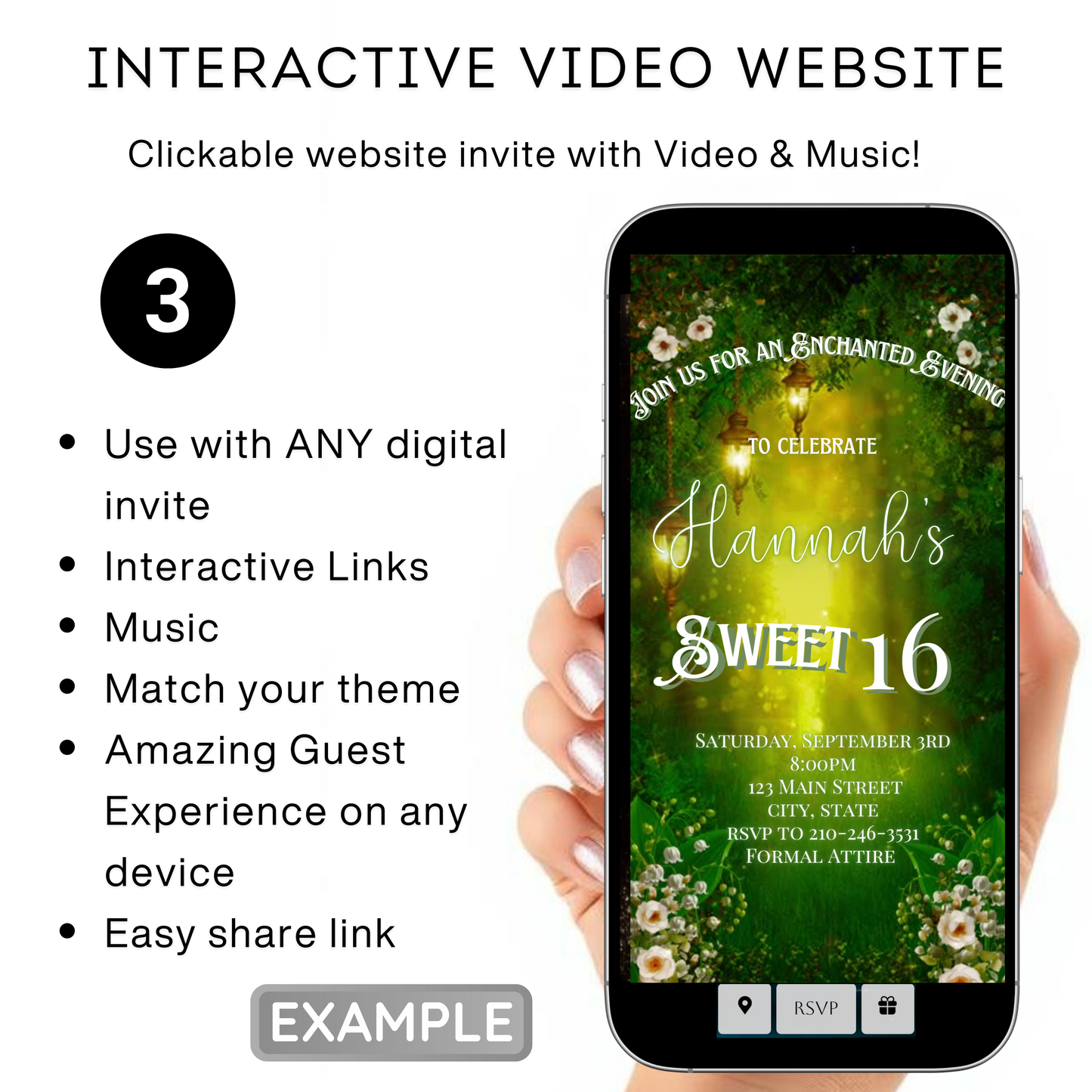 Enchanted Forest Video Invite | Animated Sweet 15 16 Save the Date Evite | Editable Canva Evite Template