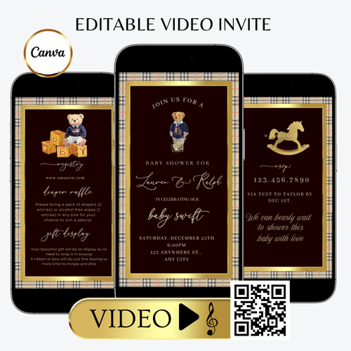 Polo Bear Baby Shower Video Invitation | Digital Ralph Lauren Plaid Invite | Editable Canva Template