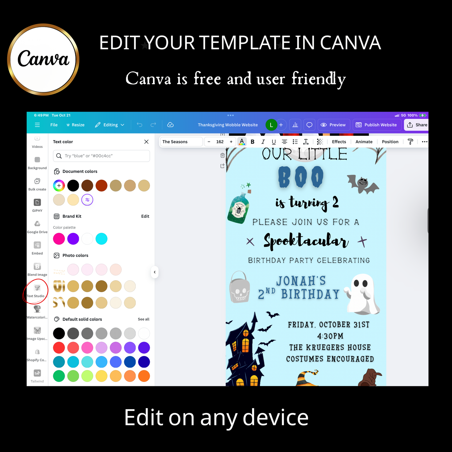 Halloween Video Invitation, Little Blue Boo Animated Invite, Editable Halloween Party Mobile Evite