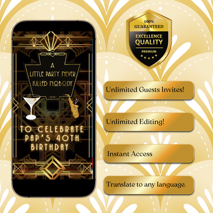 Harlem Nights Video-Einladung | Digitale Great Gatsby-Einladung | Bearbeitbare Canva-Partyvorlage