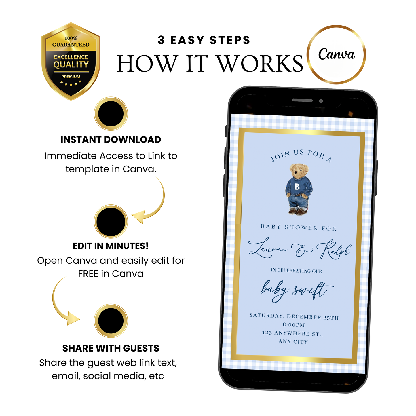 Polo Bear Video Invitation | Digital Preppy Blue Boy Baby Shower RSVP Tracker Invite | Editable Canva Template