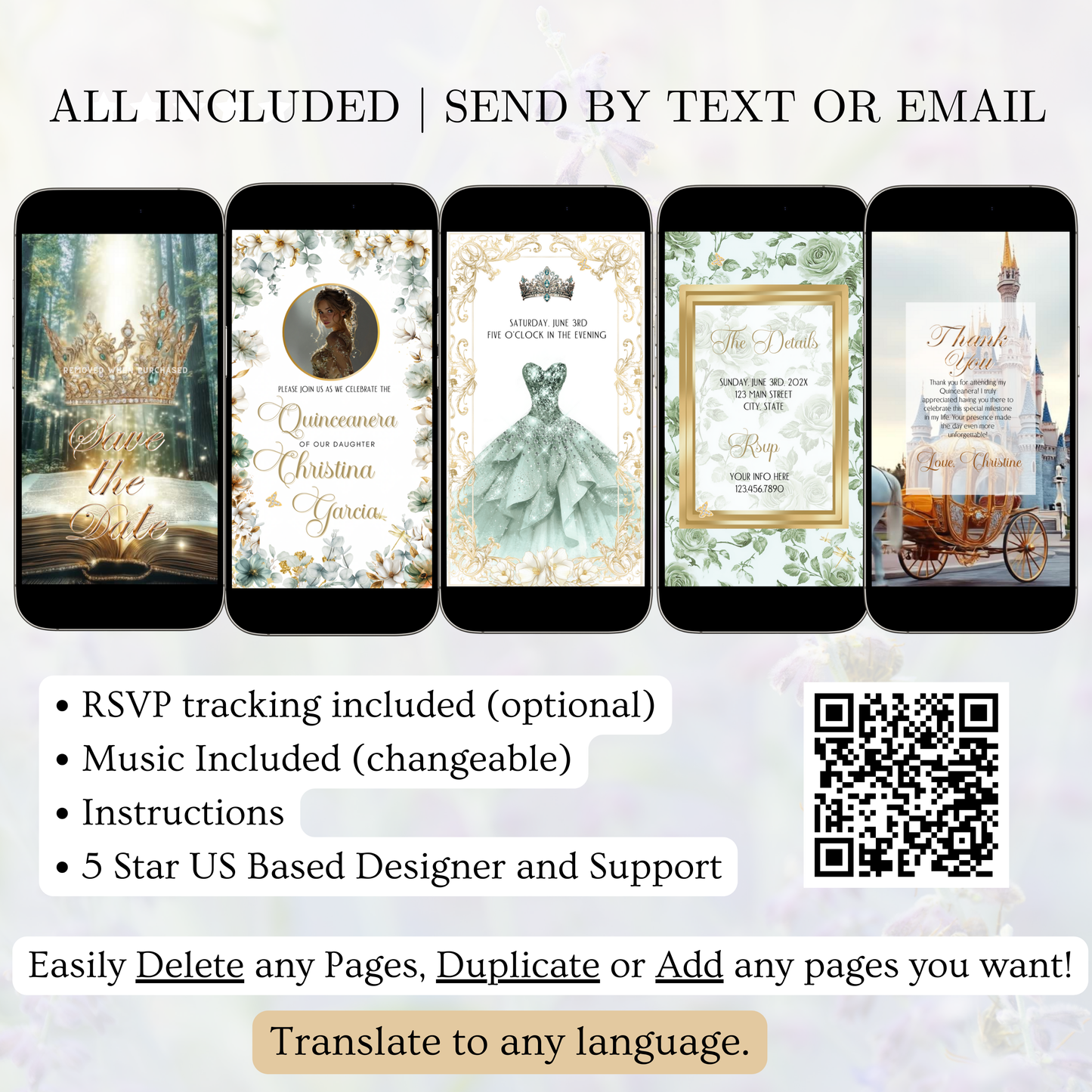 Sage Quinceañera Invitation | Princess Video Invite | Green Sweet 16 Evite | Editable Canva Template