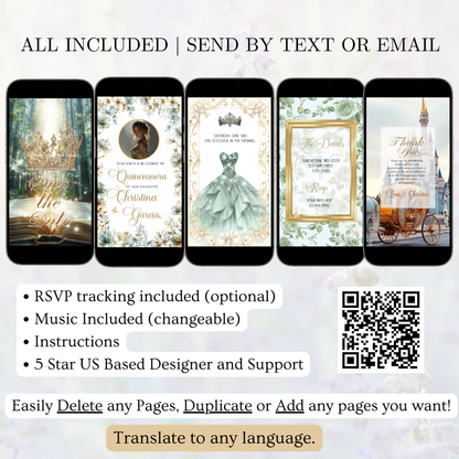 Sage Quinceañera Invitation | Princess Video Invite | Green Sweet 16 Evite | Editable Canva Template
