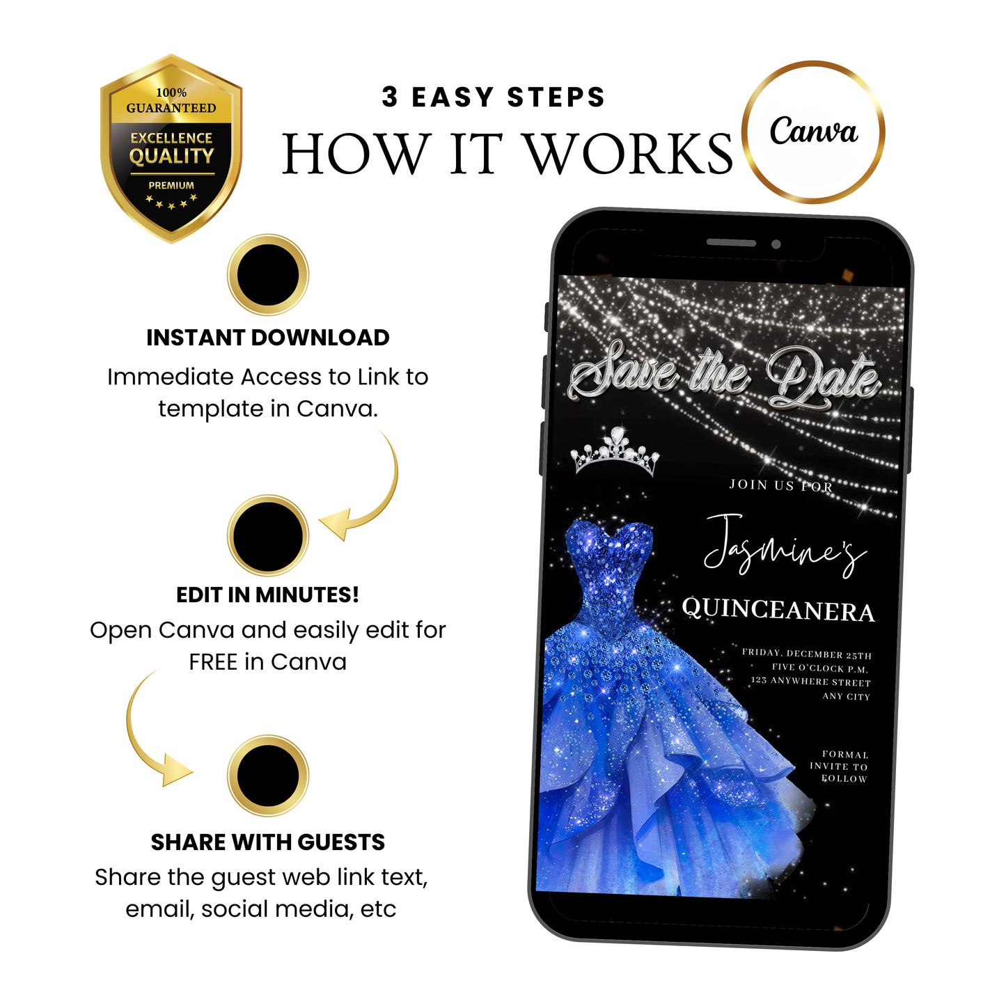 Royal Blue Quinceañera Video Invite | Sweet 15 16 Quince RSVP Tracker | Editable Save the Date Canva Evite Template