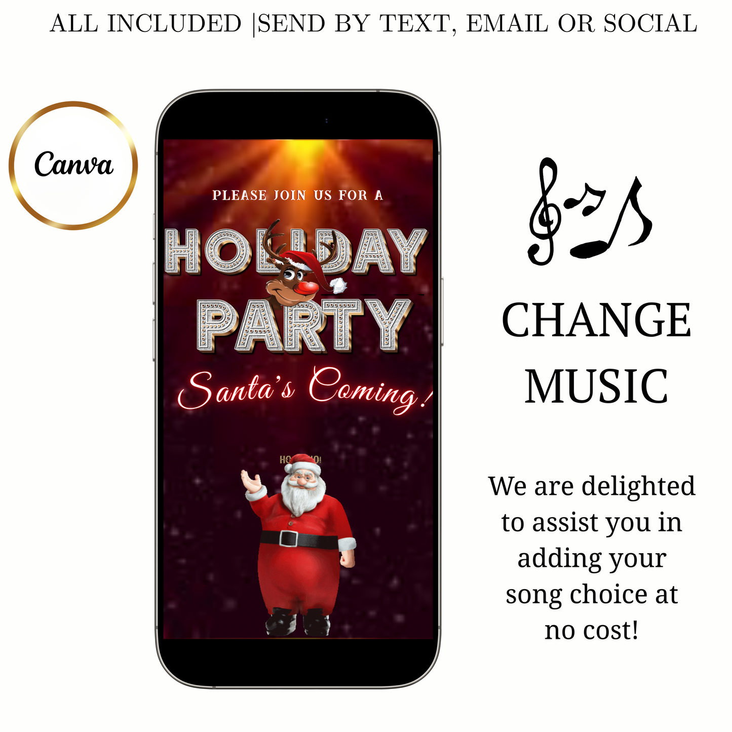 Editable Christmas Video Invitation | Animated Santa Digital Evite | Editable Canva Invite Template
