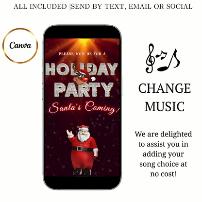 Editable Christmas Video Invitation | Animated Santa Digital Evite | Editable Canva Invite Template