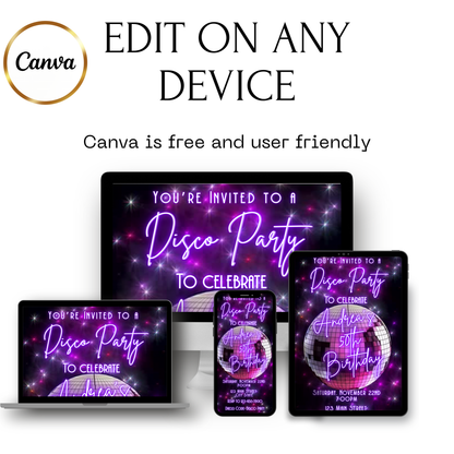 Editable Disco Party Video Invitation | 70s Retro Party Invite | Editable Canva Template Template