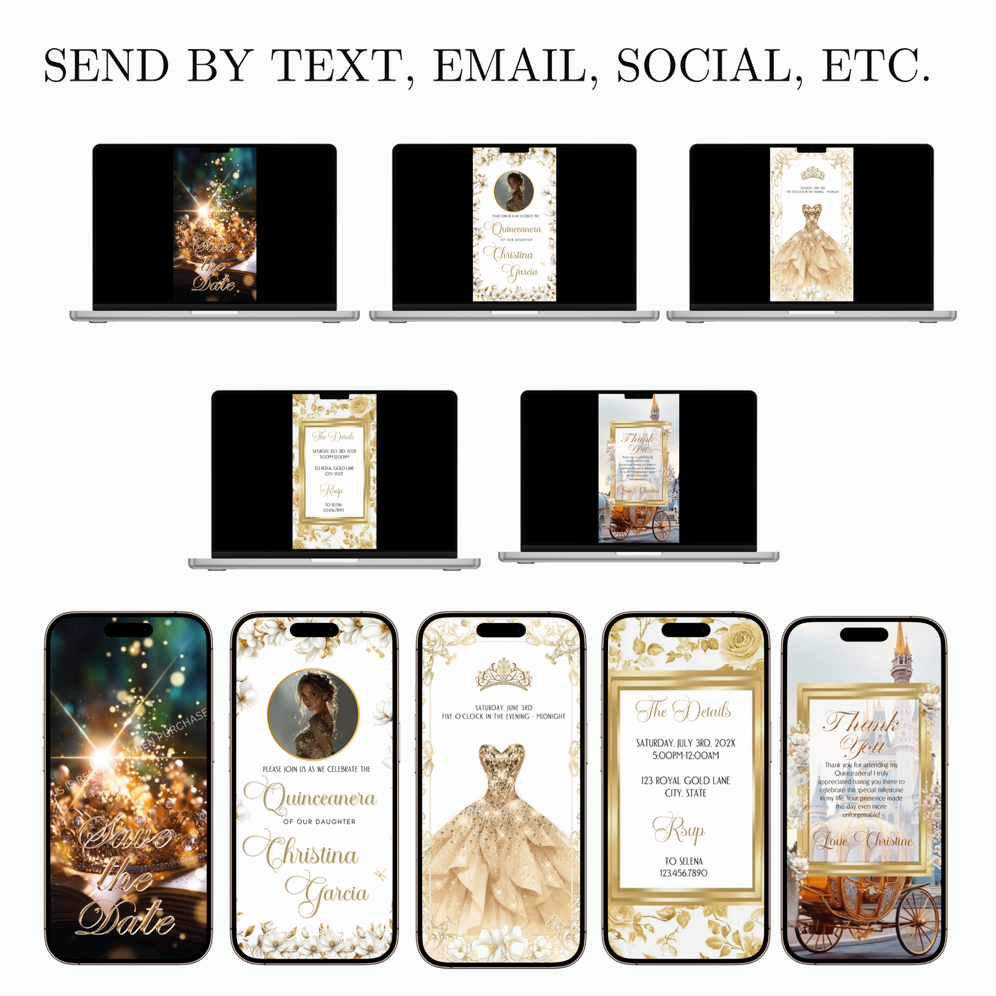 White and Gold Quinceañera Invitation | Royal Princess Video Invite with RSVP Website | Editable Canva Template | Elegant Gold Dress Sweet 16 Digital Evite