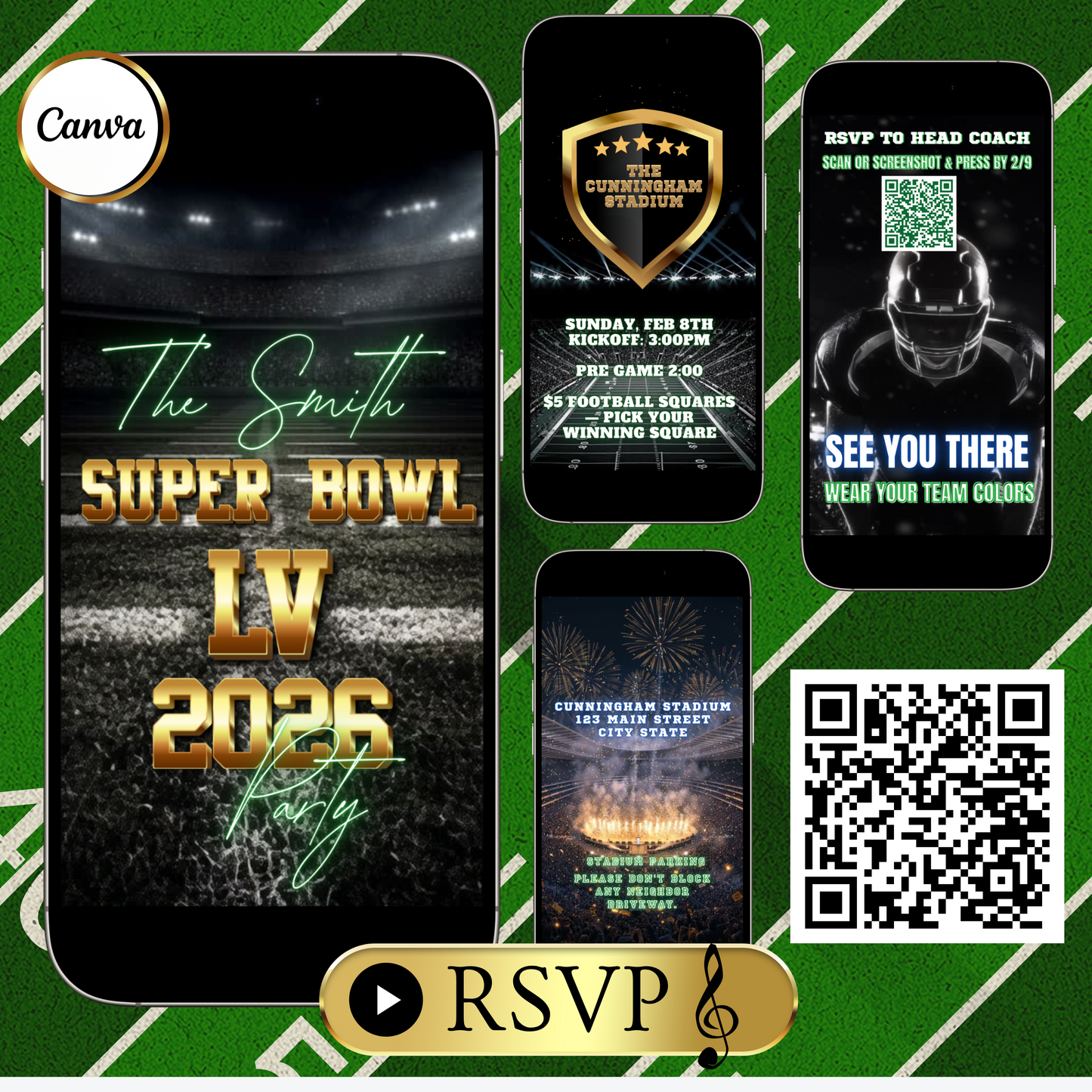 Super Bowl Video Invitation | Super BowlParty Digital Evite | Football Canva Template