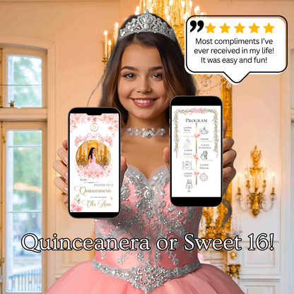 Pink Floral Quinceanera Website Invite |  Sweet 15 16 Evite RSVP Video Invitation | Canva Template