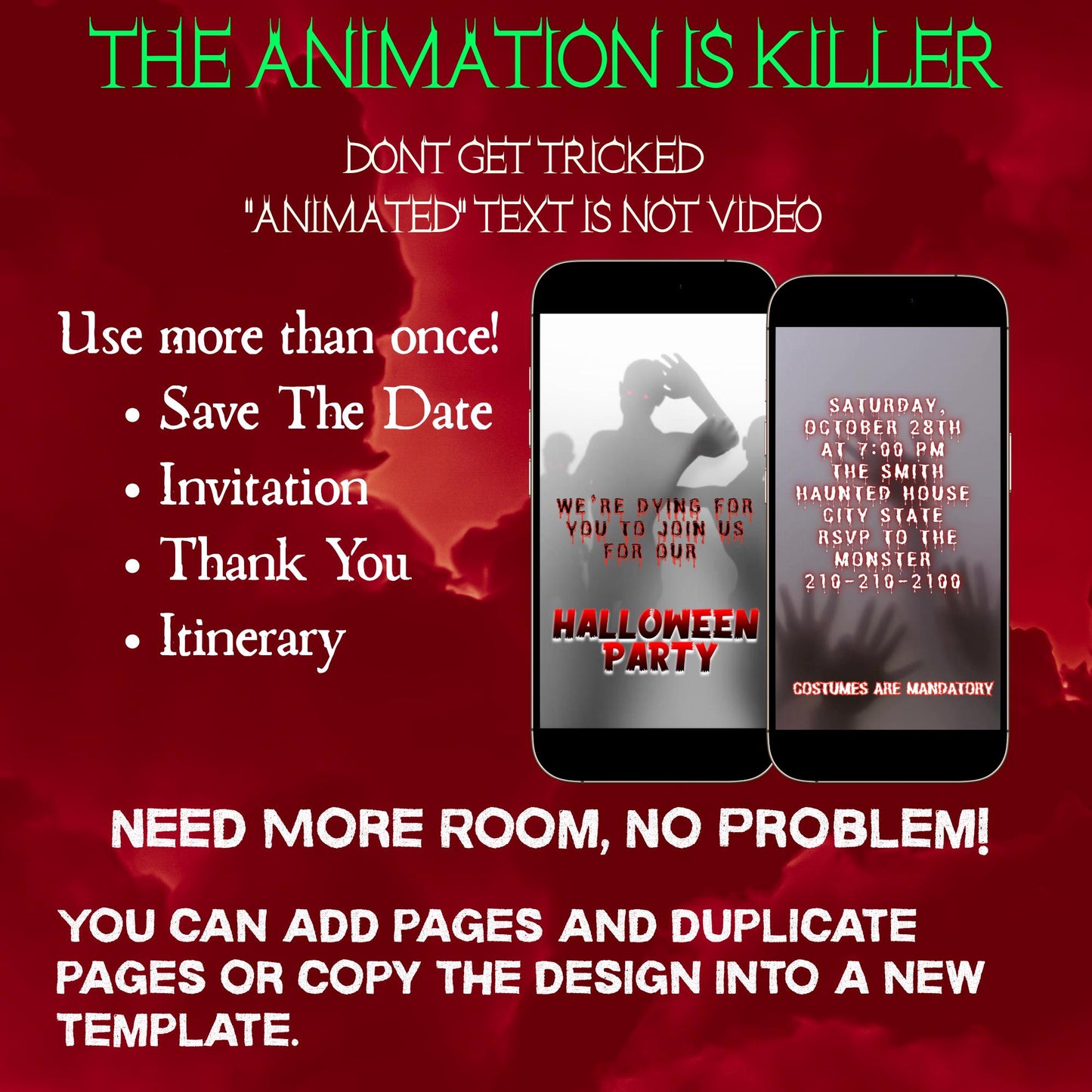 Halloween-Videoeinladung, animierte Einladung im Walking-Dead-Stil, bearbeitbare mobile Einladung zur Halloween-Party