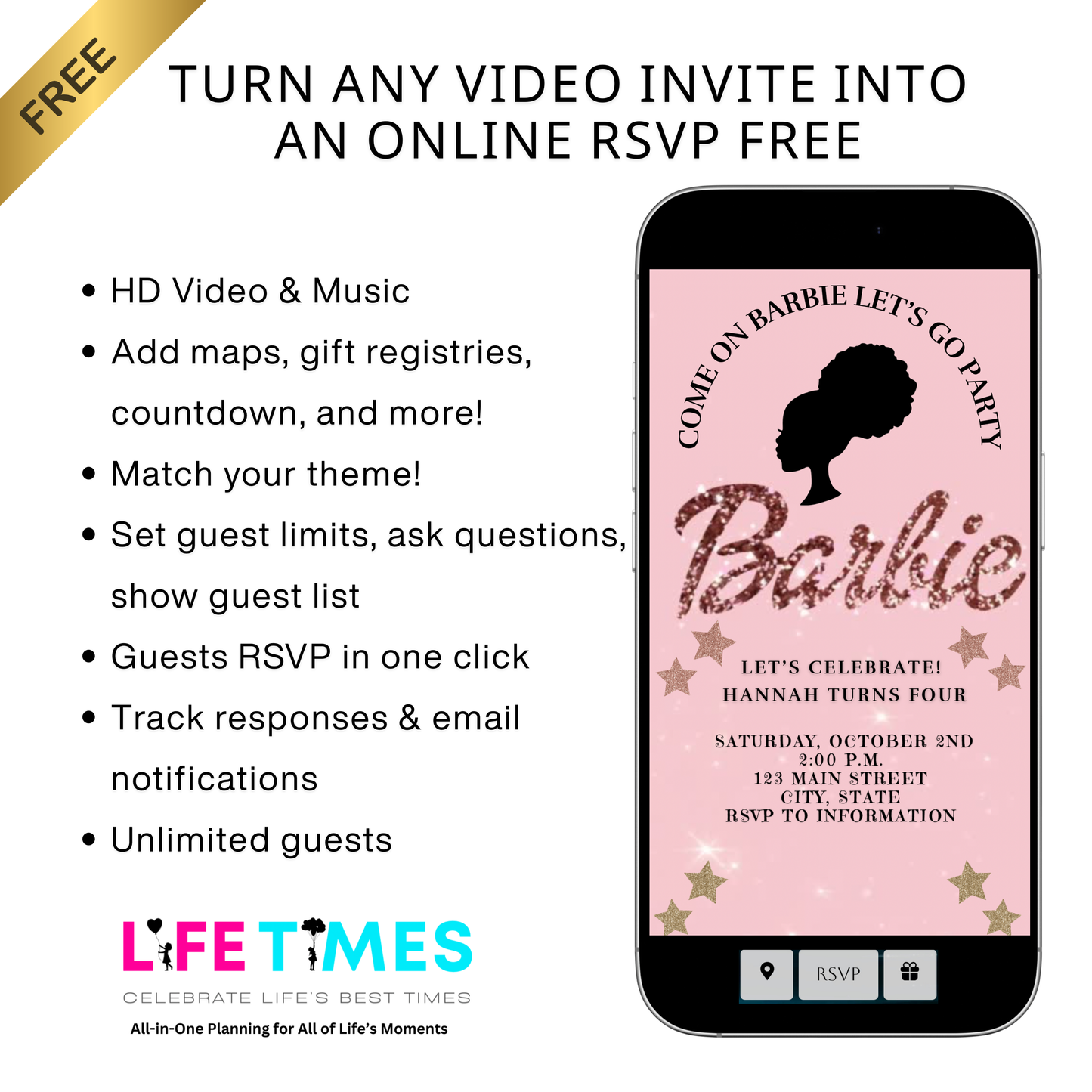 Bearbeitbare Barbie-Videoeinladung | Animierte digitale Einladung mit pinkfarbener Barbie | Bearbeitbare Canva-Einladungsvorlage