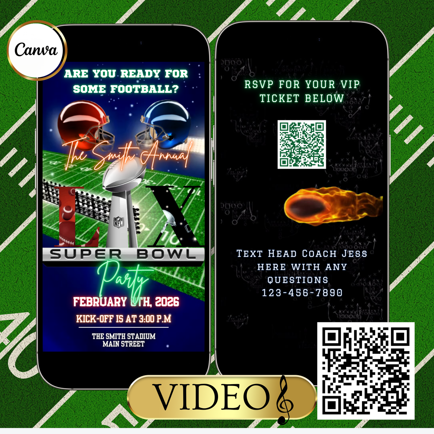 Super Bowl LX Party Video Invitation | Digital Football Game Day Invite | Editable Online Template