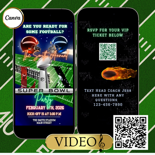 Super Bowl LX Party Video Invitation | Digital Football Game Day Invite | Editable Online Template
