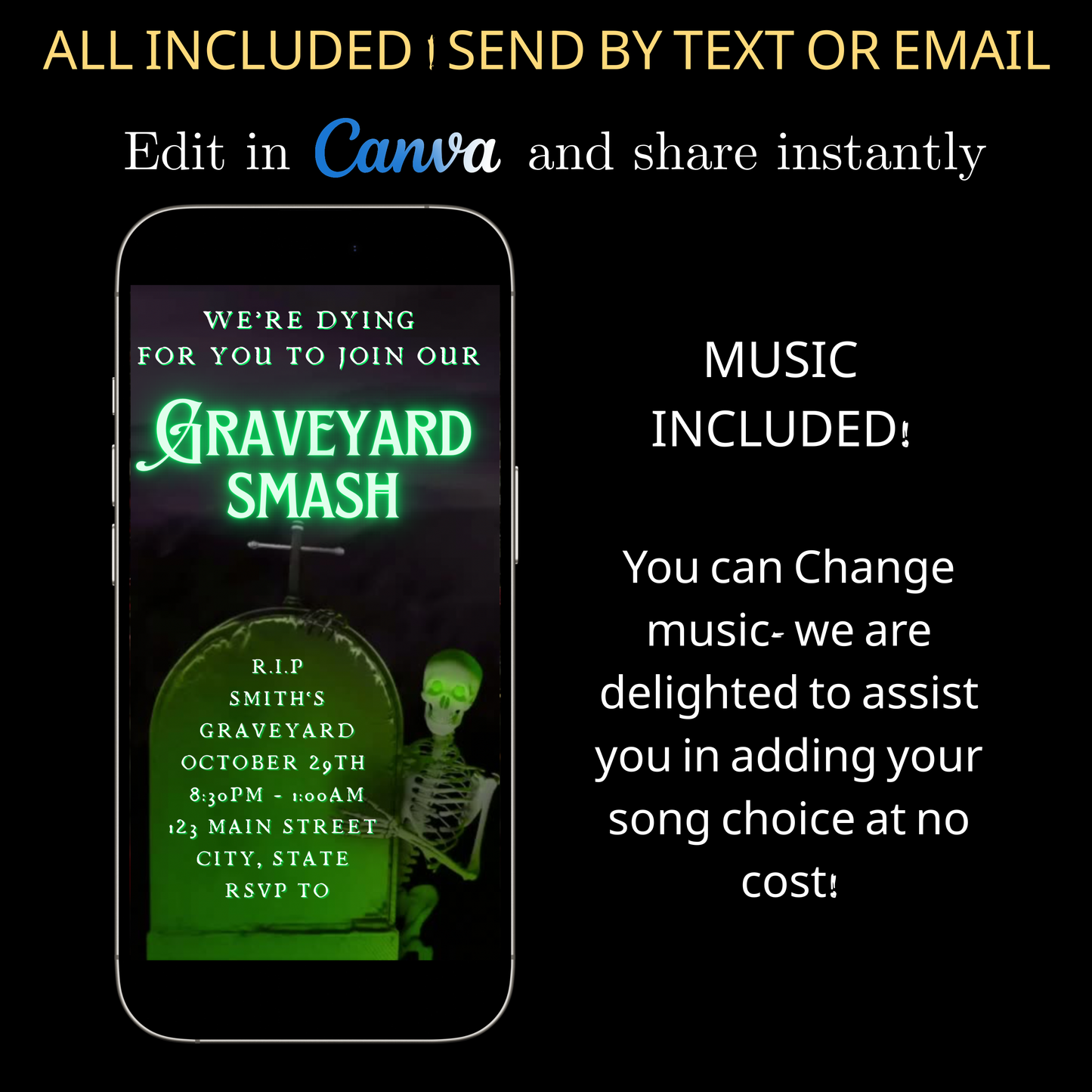 Halloween-Videoeinladung, animierte Einladung zur Friedhofs-Party, bearbeitbare mobile Einladung zur Halloween-Party