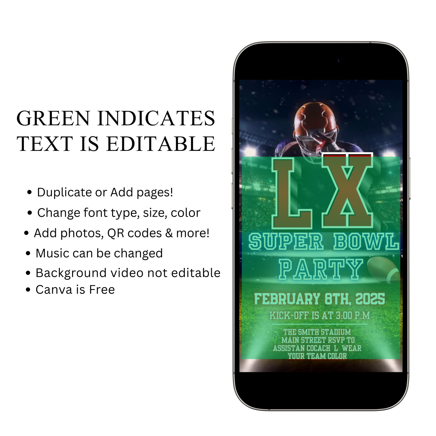 Super Bowl LX Party Video Invitation | Digital Football Canva Template