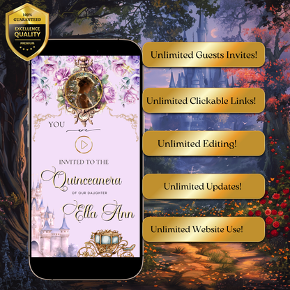 Rapunzel Quinceanera Website Invite |  Sweet 15 16 Evite RSVP Video Invitation | Canva Template