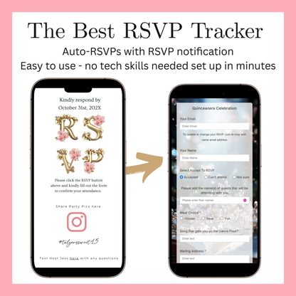 Pink Floral Quinceanera Website Invite |  Sweet 15 16 Evite RSVP Video Invitation | Canva Template