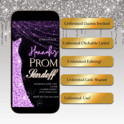 Purple Prom Send Off Video Invitation – Editable Canva Animated Invite