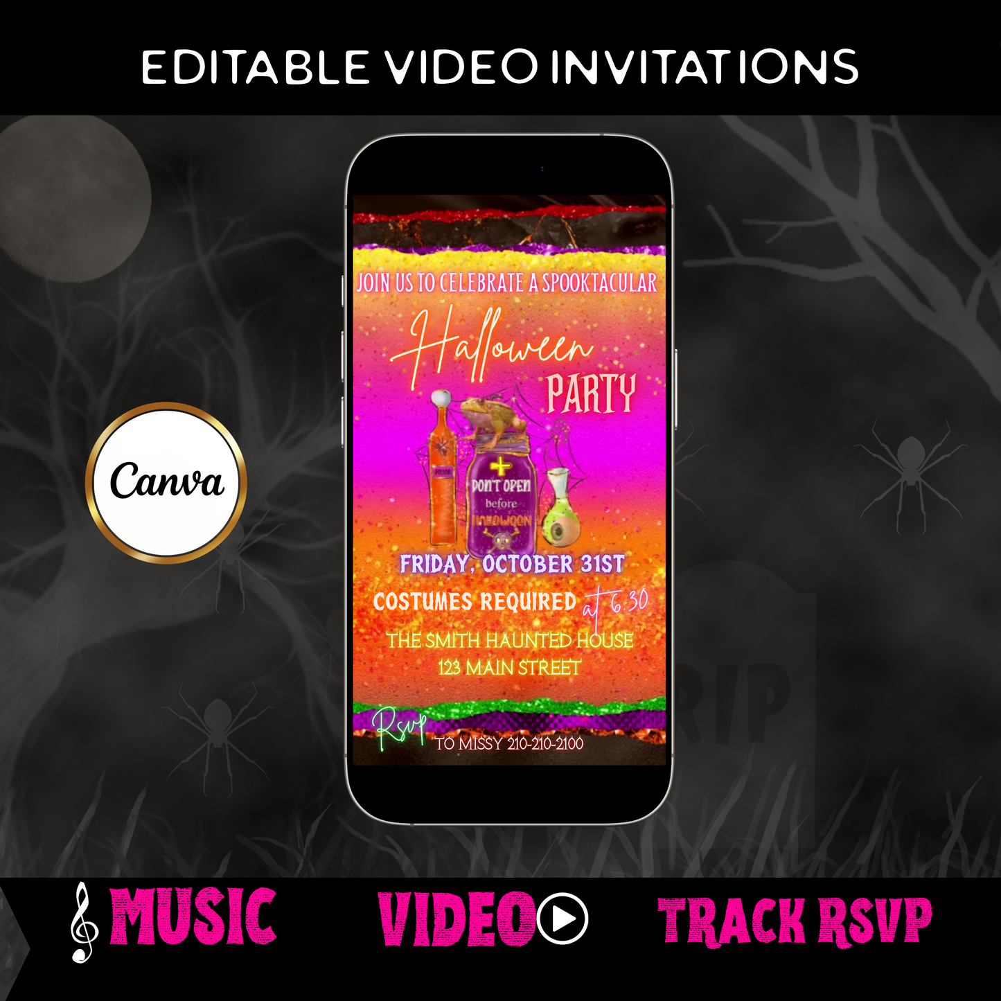 Editable Halloween Party Video Invitation | Canva Evite Template