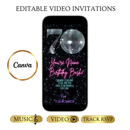 70th Birthday Party Video Invitation | Animated Disco Digital Evite | Editable Canva Invite Template