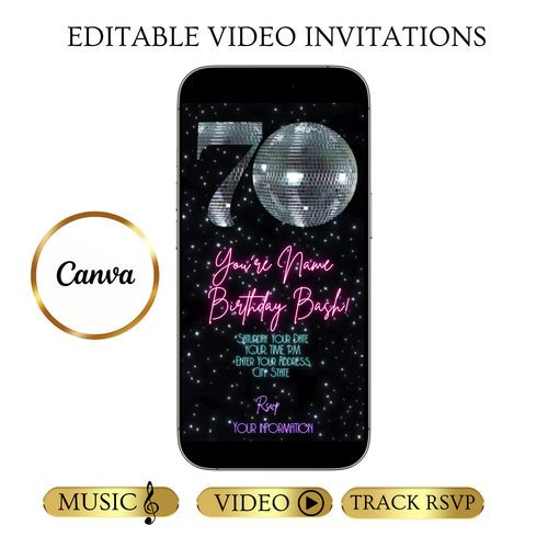 70th Birthday Party Video Invitation | Animated Disco Digital Evite | Editable Canva Invite Template