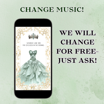 Sage Quinceañera Invitation | Princess Video Invite | Green Sweet 16 Evite | Editable Canva Template