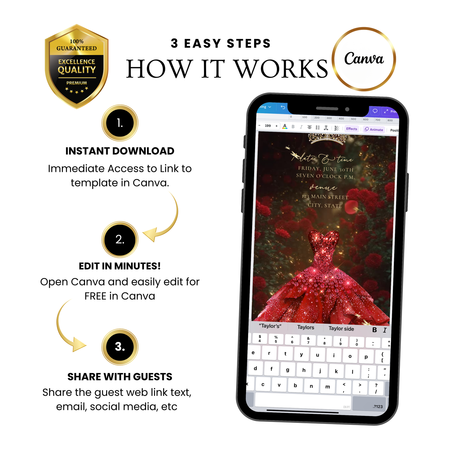 Red Roses Video Invite | Digital Quinceanera Sweet 15 16 Invite | Editable Canva Evite Template