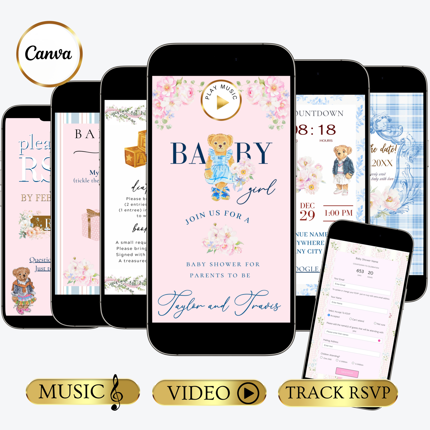 Einladung zur Babyparty mit Polo-Bär | Interaktive RSVP-Website | Bearbeitbare Canva-Vorlage