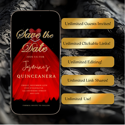 Red Quinceanera Video Invite | Sweet 15 16 Quince RSVP Tracker | Editable Canva Evite Template