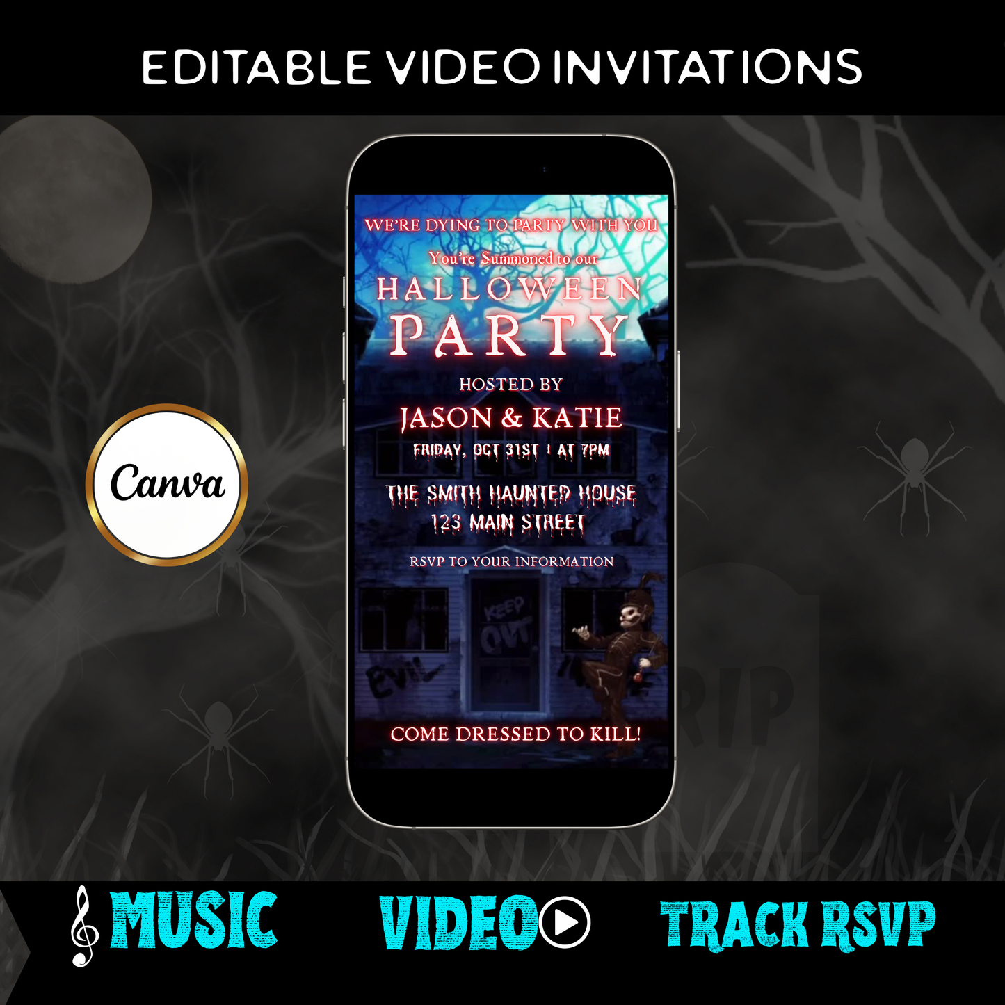 Halloween-Videoeinladung, animierte Halloween-Einladung für März, bearbeitbare mobile Halloween-Party-Einladung