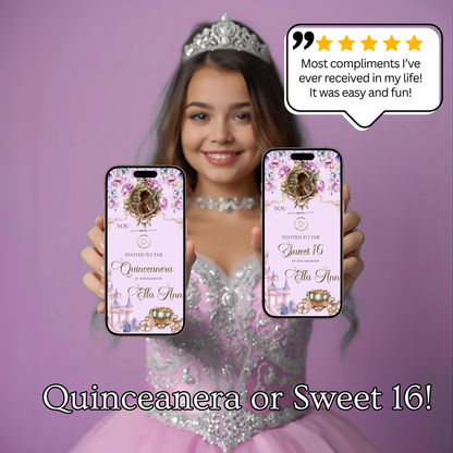 Rapunzel Quinceanera Website Invite |  Sweet 15 16 Evite RSVP Video Invitation | Canva Template