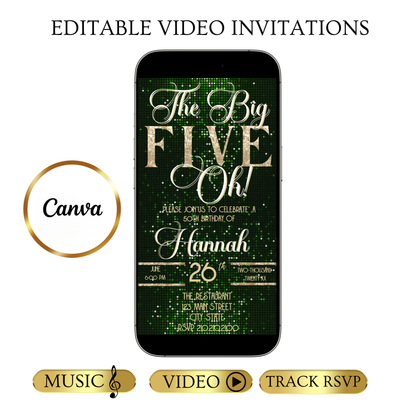 Green and Gold 50th Birthday Video Invitation –  RSVP tracking website - Editable Canva Animated Invite
