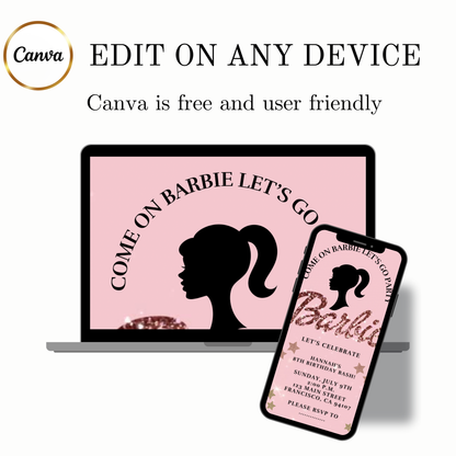 Bearbeitbare Barbie-Videoeinladung | Animierte digitale Einladung mit pinkfarbener Barbie | Bearbeitbare Canva-Einladungsvorlage
