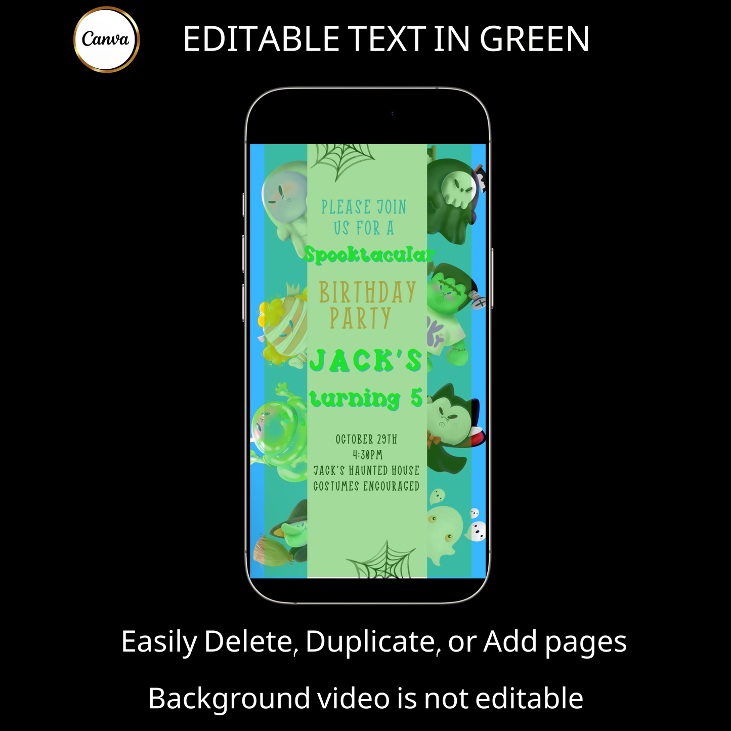 Halloween-Videoeinladung, animierte Einladung „Kleine Monster“, bearbeitbare mobile Halloween-Party-Einladung