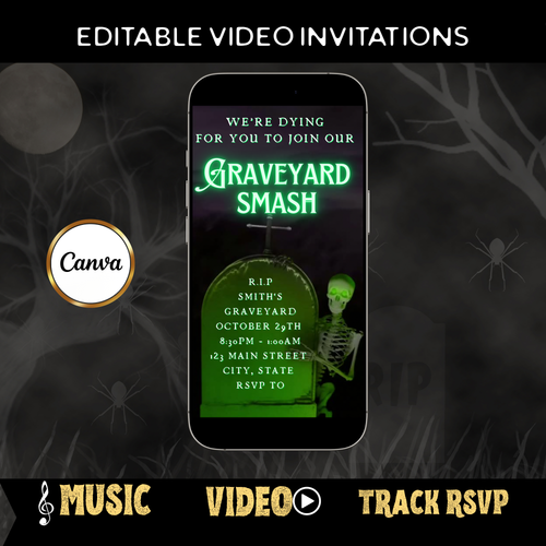 Halloween-Videoeinladung, animierte Einladung zur Friedhofs-Party, bearbeitbare mobile Einladung zur Halloween-Party
