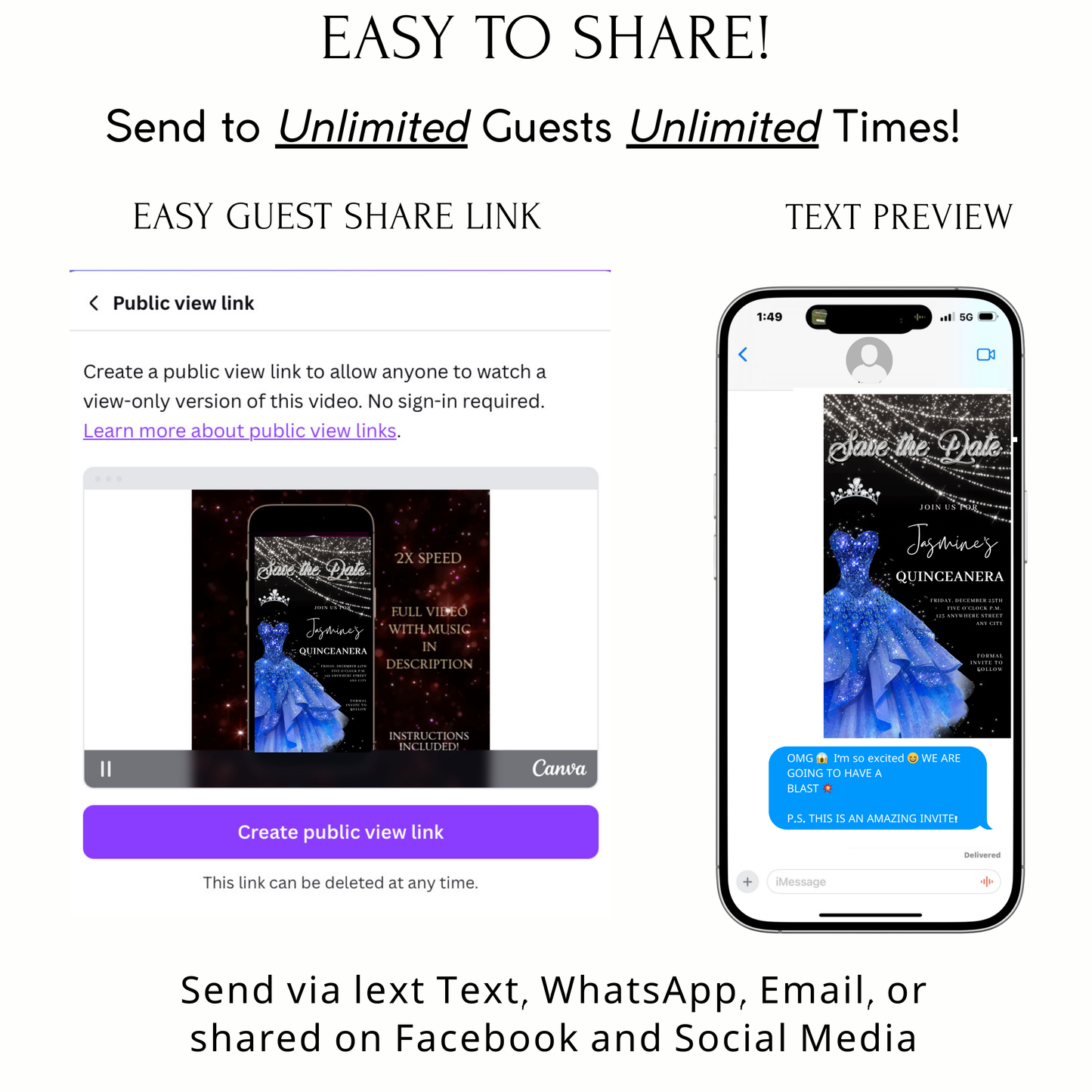 Royal Blue Quinceañera Video Invite | Sweet 15 16 Quince RSVP Tracker | Editable Save the Date Canva Evite Template